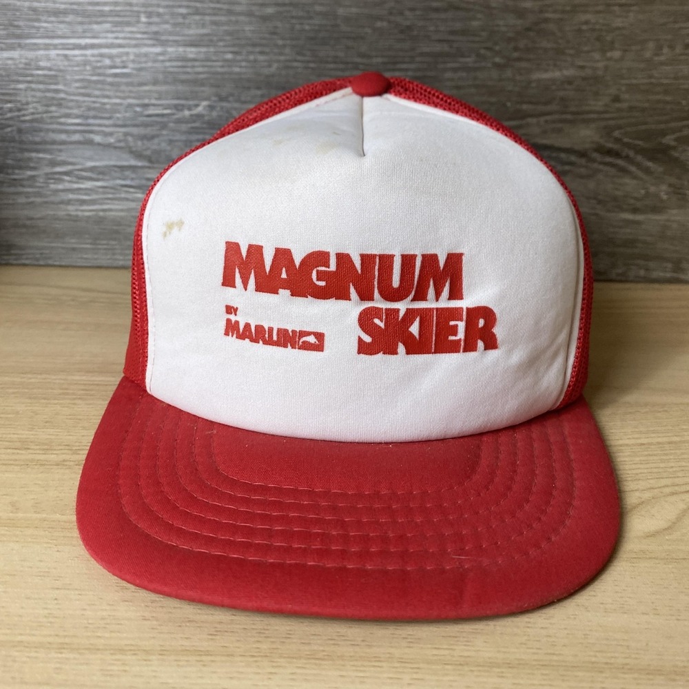 Vintage Magnum Skier Hat Cap Snap Back Red White Mesh Trucker Mens 80s Skiing
